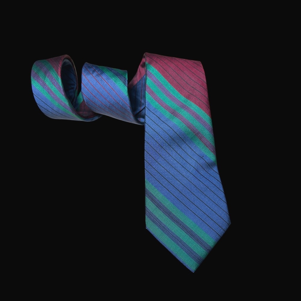 Jim Thompson Tie Blue Green Burgundy Striped Mens Necktie Hand Made Iridescent